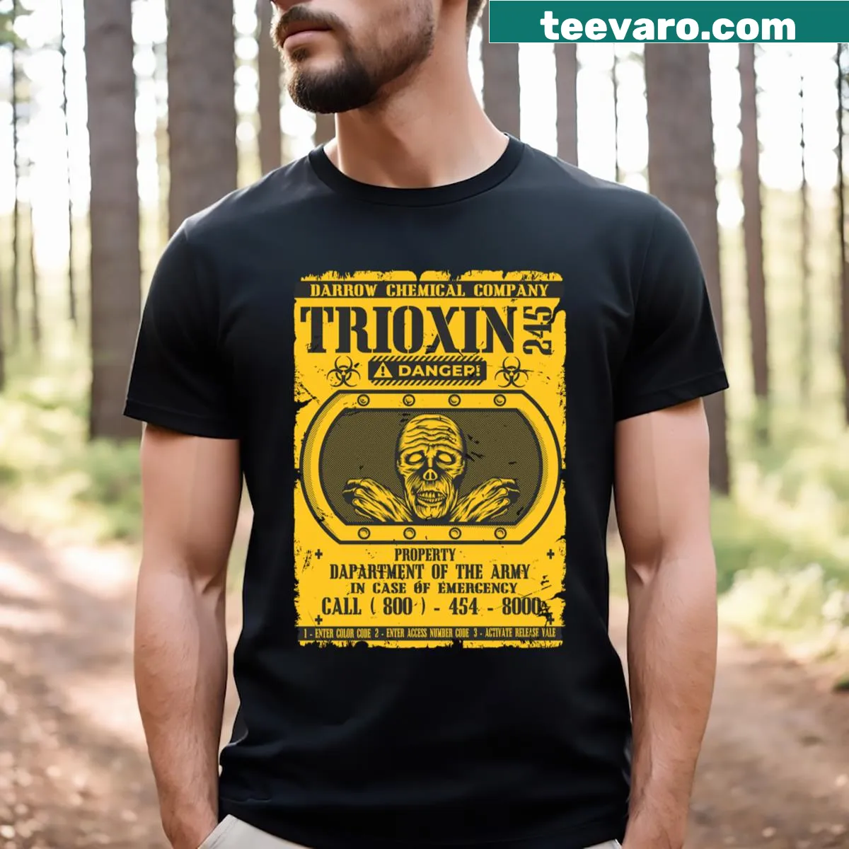 Distressed T-shirt featuring Trioxin 245 graphic with a vintage look — on a men's t-shirt