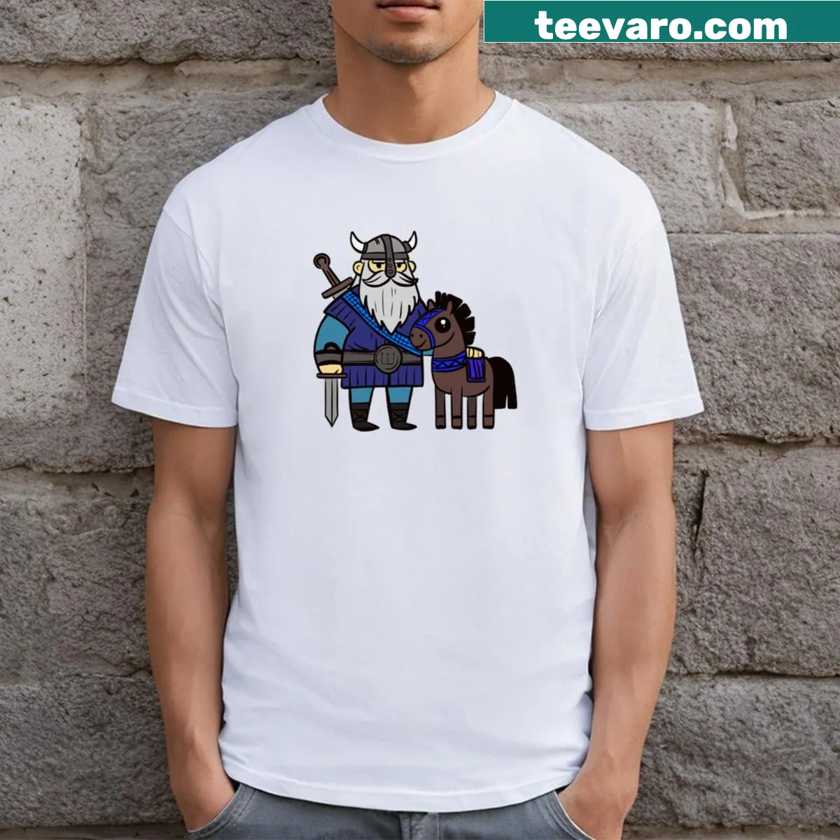 Graphic of a Viking and his horse illustrating loyalty and strength — on a men's t-shirt