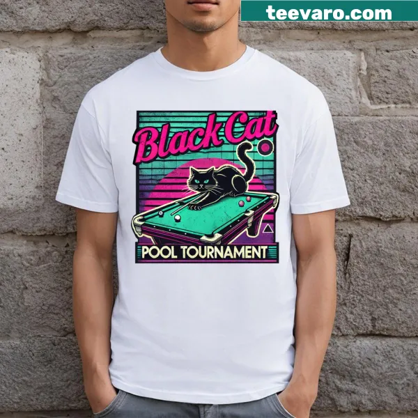 Vintage-style T-shirt featuring a black cat on a pool table.