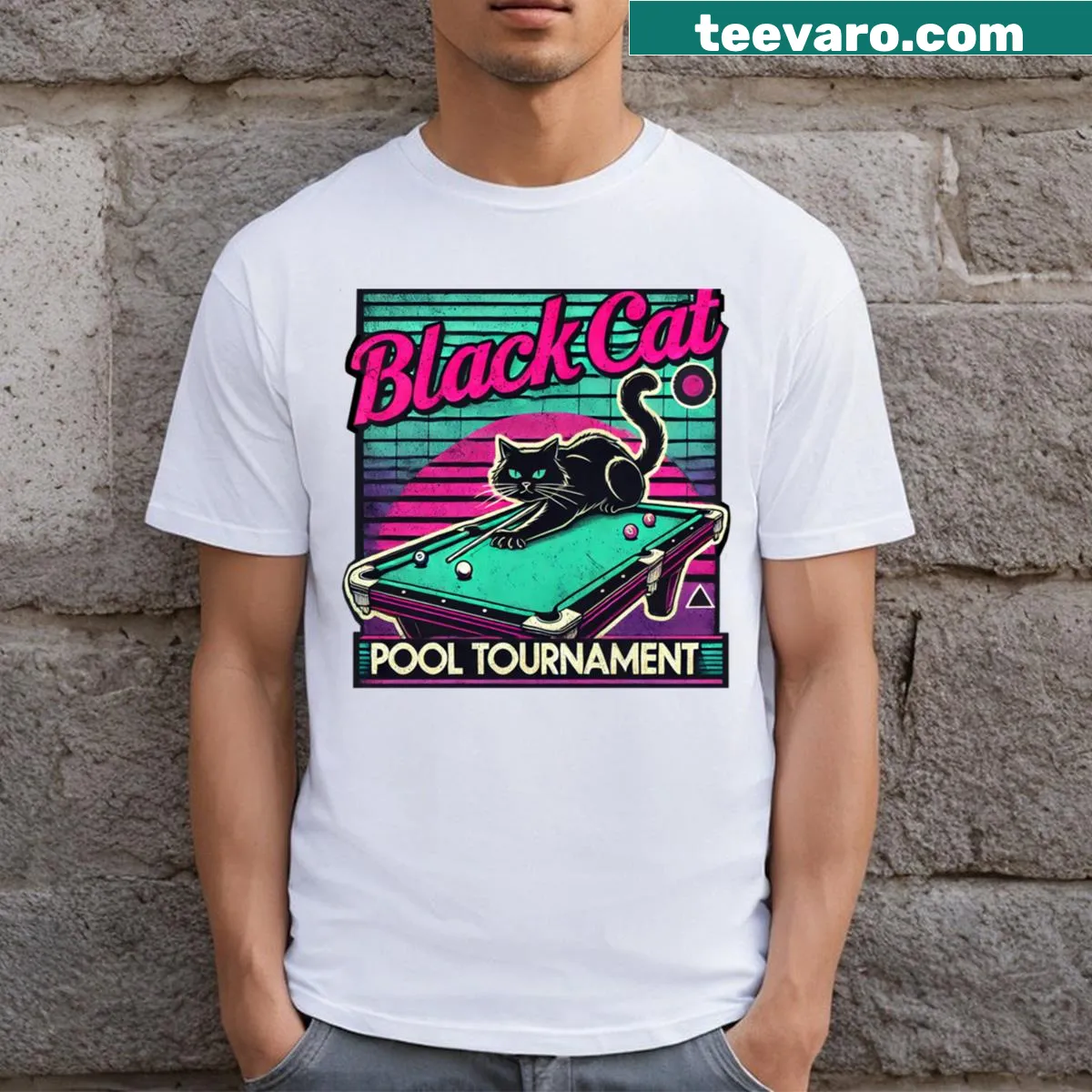 Vintage-style T-shirt featuring a black cat on a pool table. — on a men's t-shirt