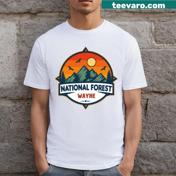 Illustrative T-shirt representing Wayne National Forest with trees and scenery.