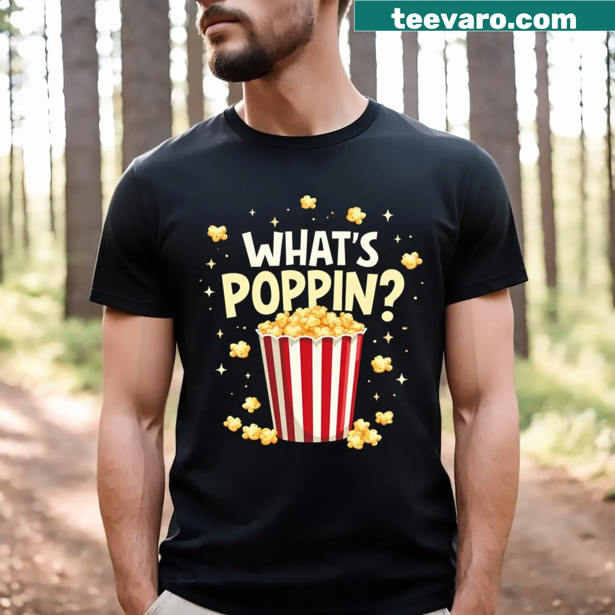 Funny t-shirt with popcorn graphic and What's Poppin text — on a men's t-shirt
