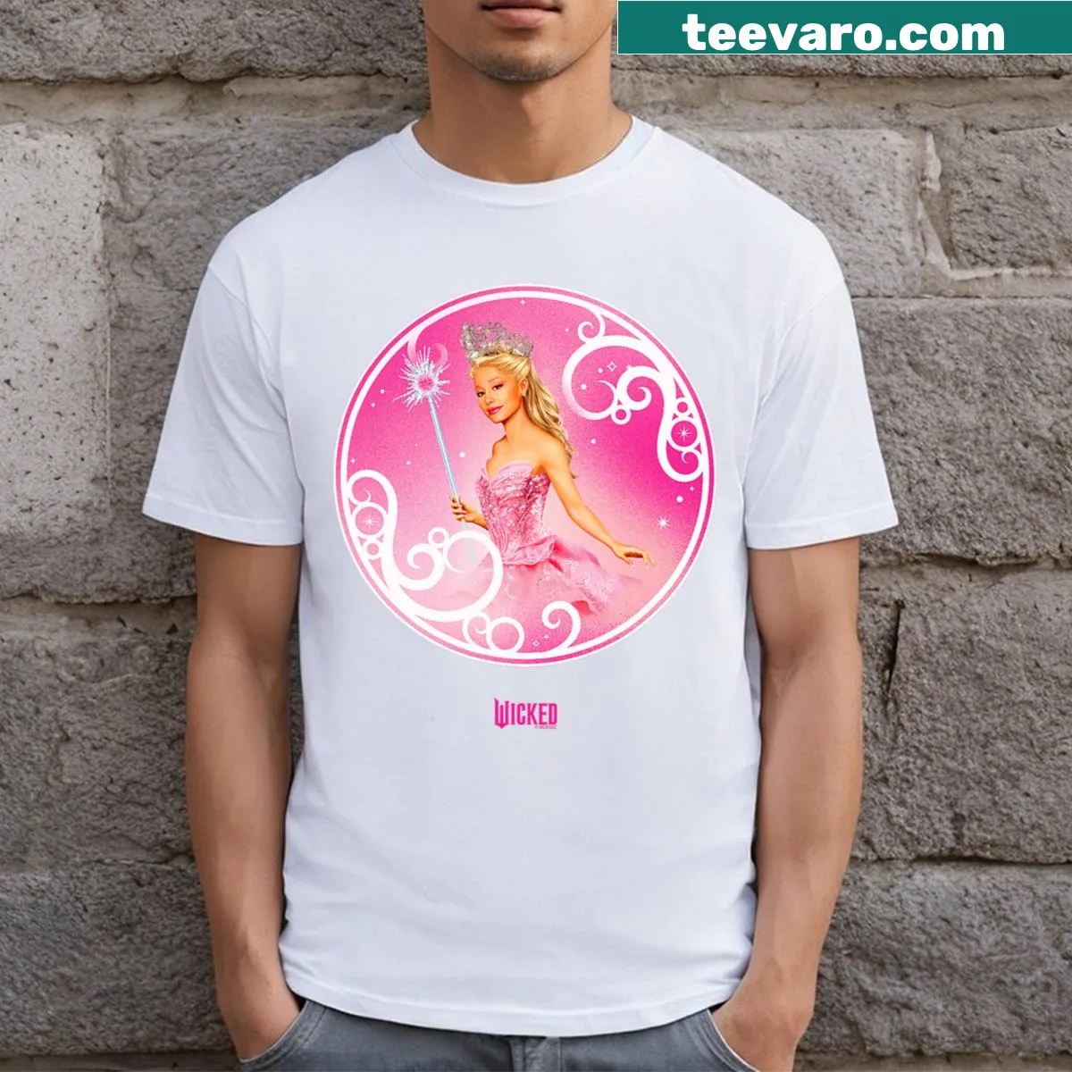 Cartoon T-shirt featuring Glinda in a bubble pose — on a men's t-shirt