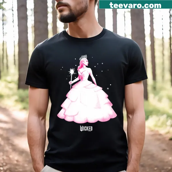 Wicked Glinda illustration on T-shirt in playful pose