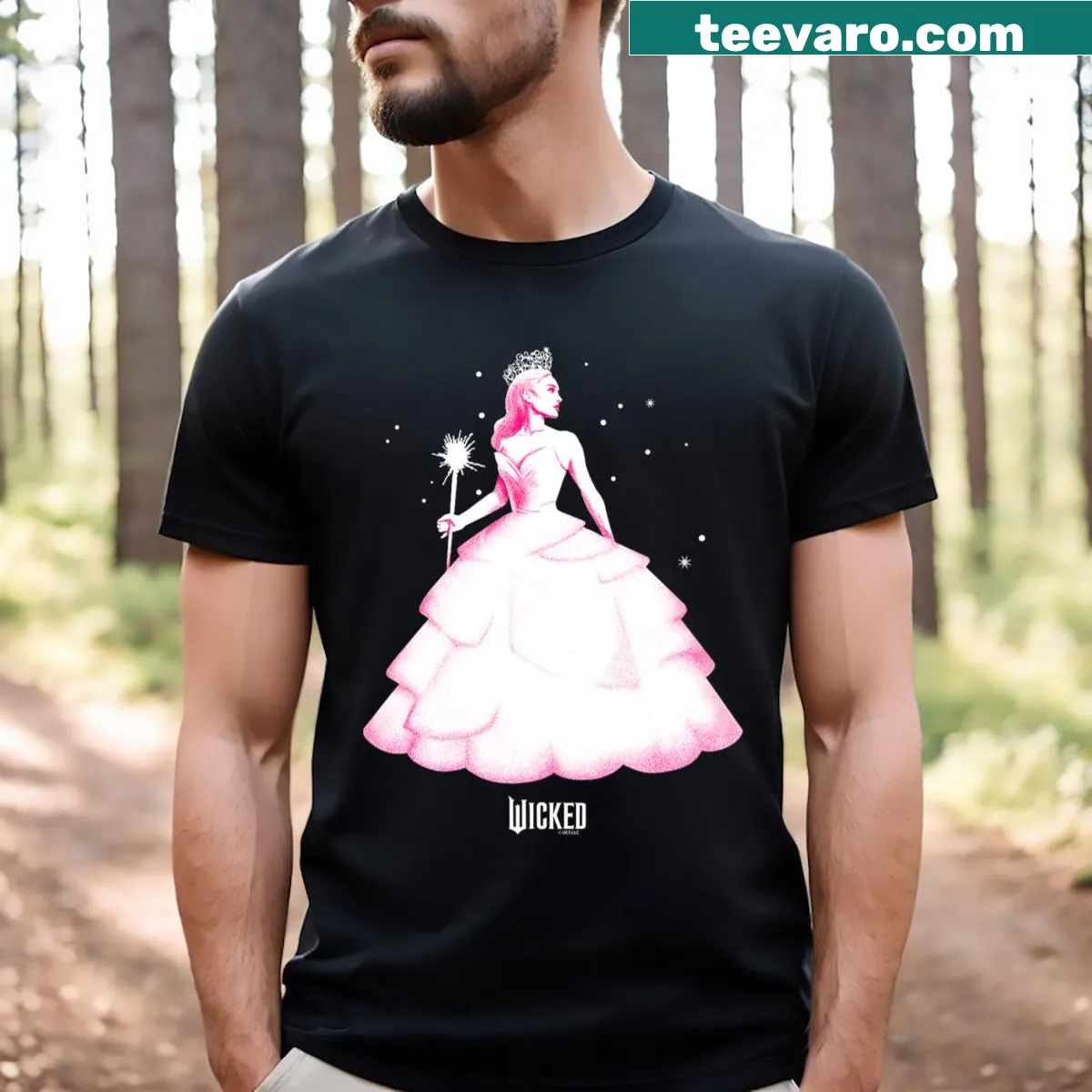 Wicked Glinda illustration on T-shirt in playful pose — on a men's t-shirt