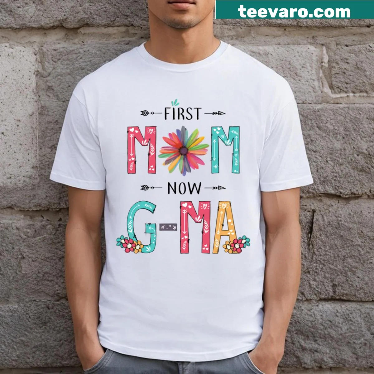 Sentimental T-shirt celebrating motherhood and grandparenting with floral design. — on a men's t-shirt