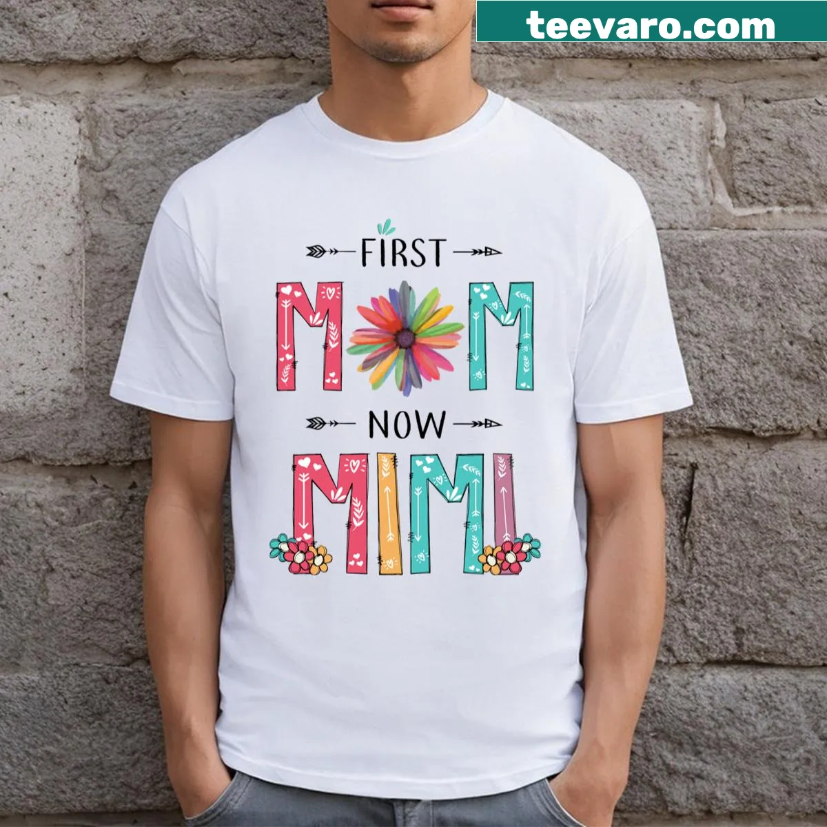 Graphic T-shirt with wildflower design and 'First Mom Now Mimi' text — on a men's t-shirt