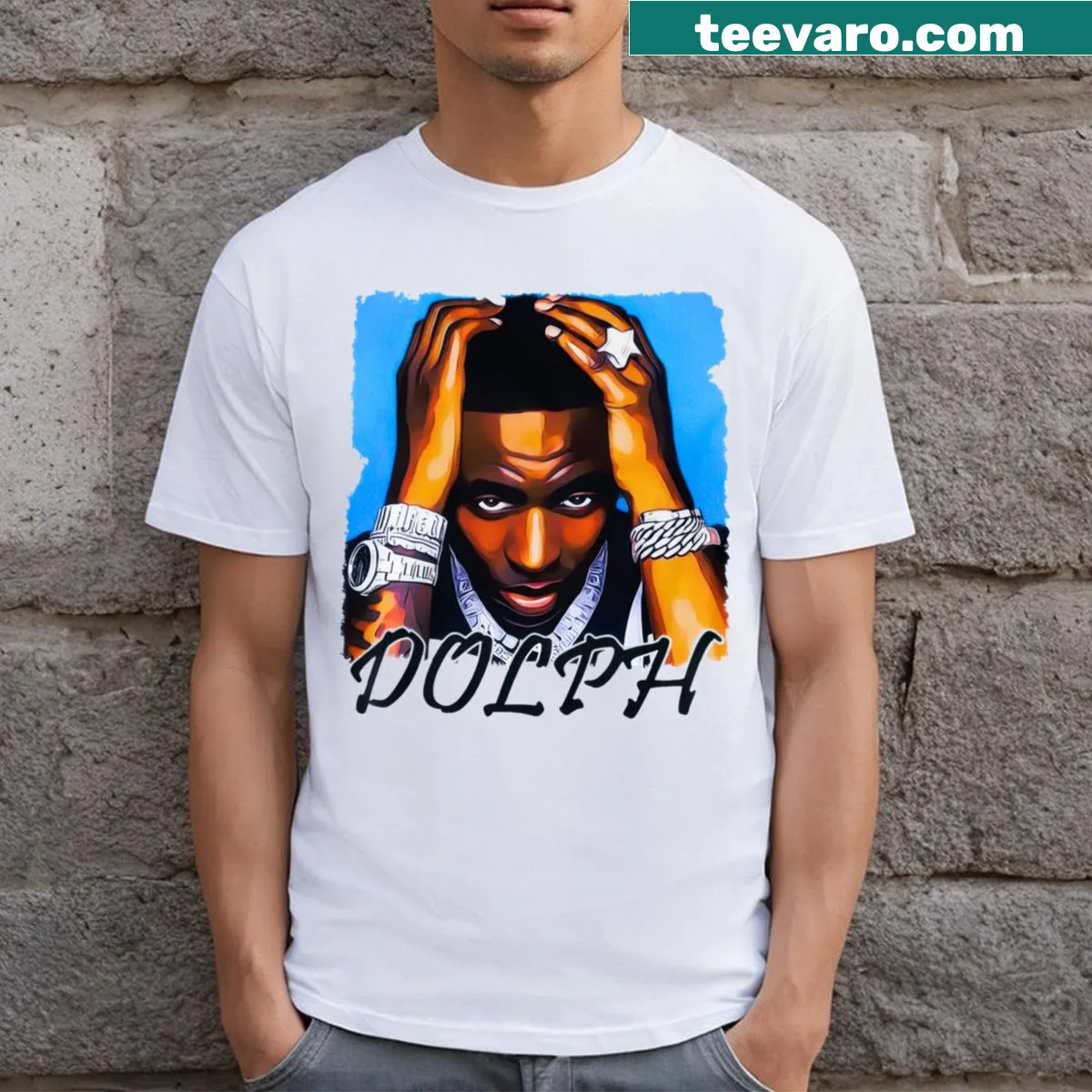 Tribute t-shirt featuring Young Dolph in hip-hop style — on a men's t-shirt