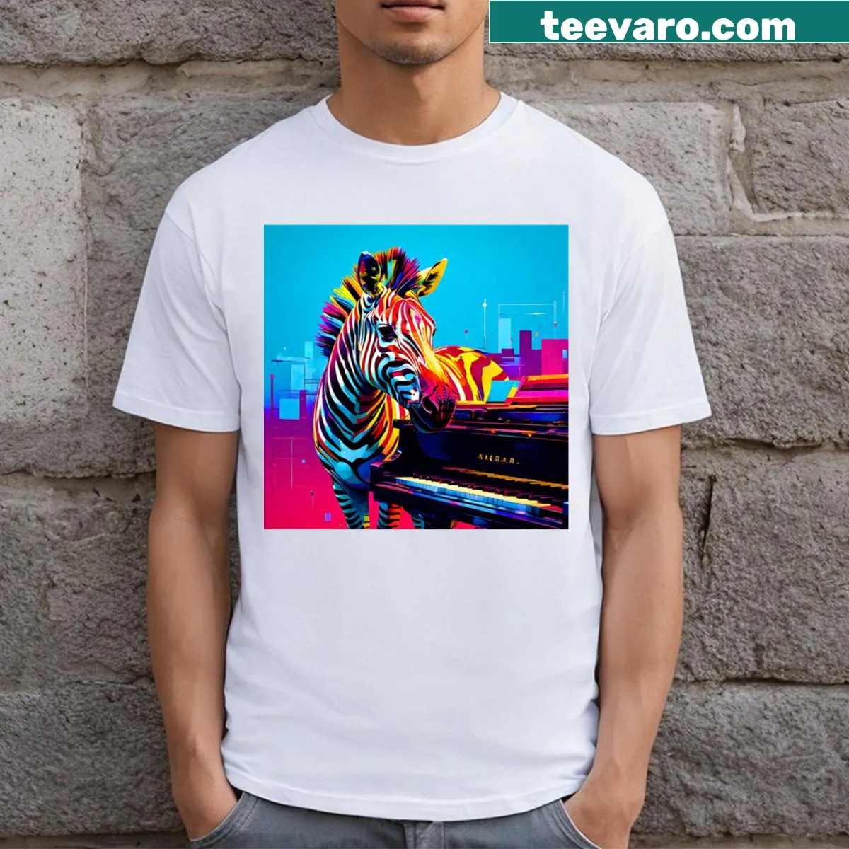 Pop art graphic of a zebra next to a piano — on a men's t-shirt