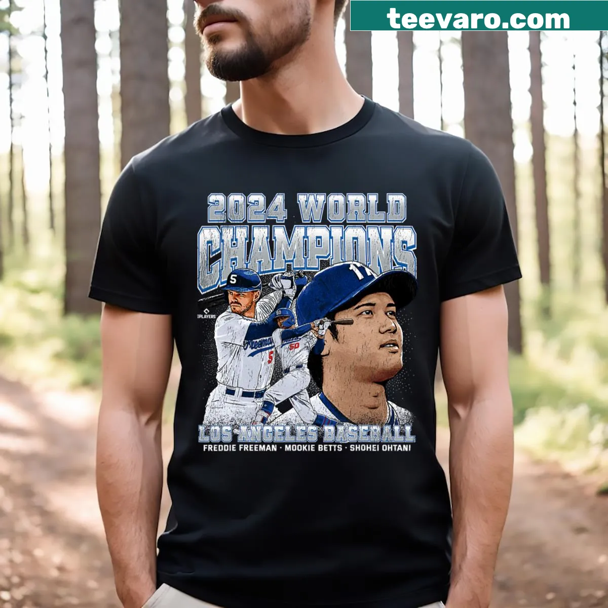 Los Angeles World Champions T-shirt featuring Ohtani, Freeman, and Betts — on a men's t-shirt