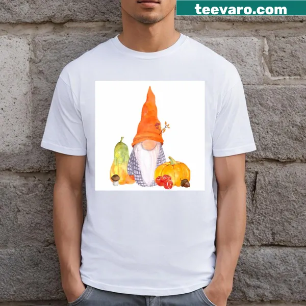 Charming gnome illustration surrounded by autumn foliage on T-shirt