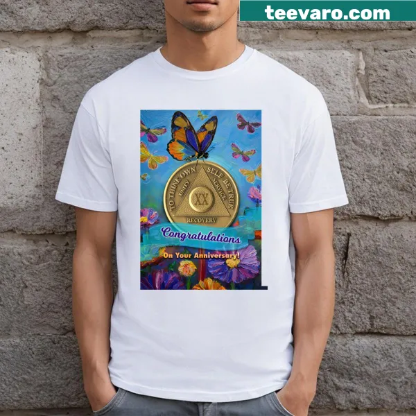 Illustrative T-shirt celebrating 20th anniversary with butterflies and flowers