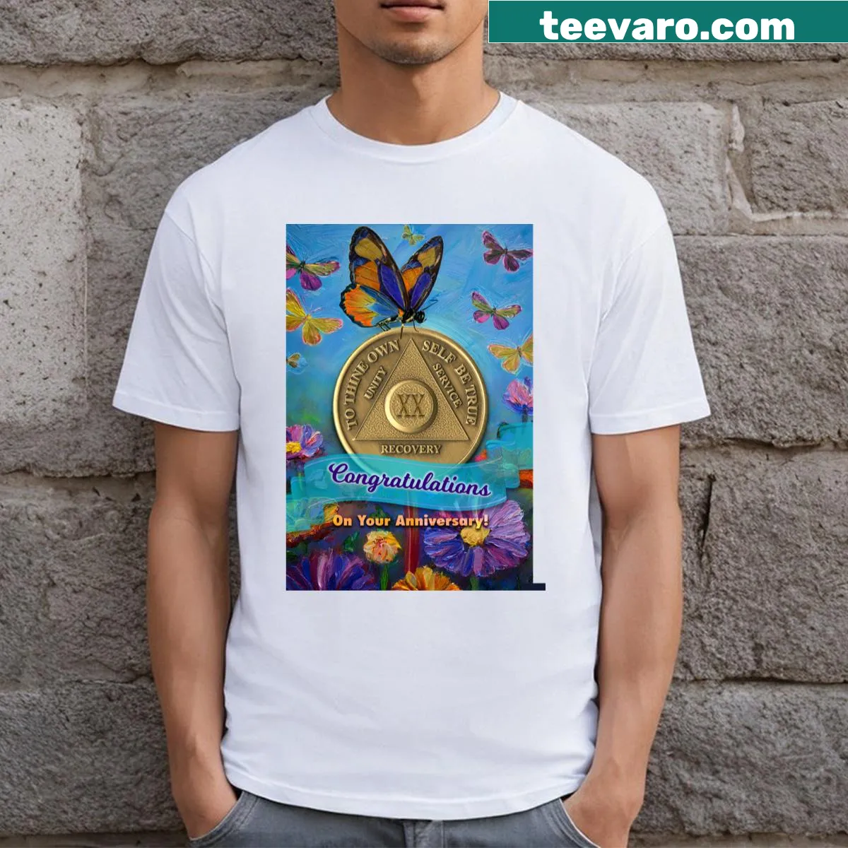 Illustrative T-shirt celebrating 20th anniversary with butterflies and flowers — on a men's t-shirt