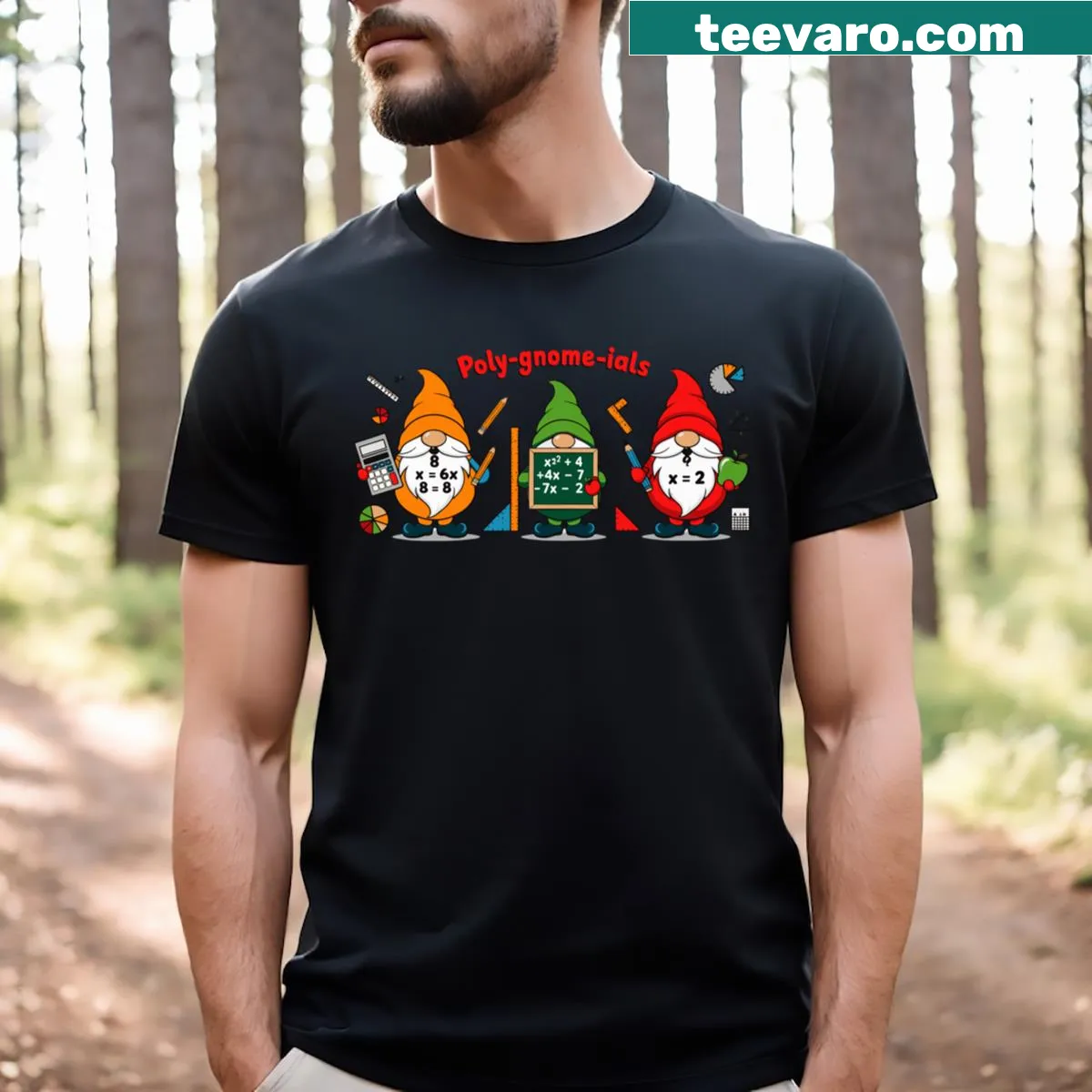 Playful Algebra Gnome teacher t-shirt with cartoon design — on a men's t-shirt
