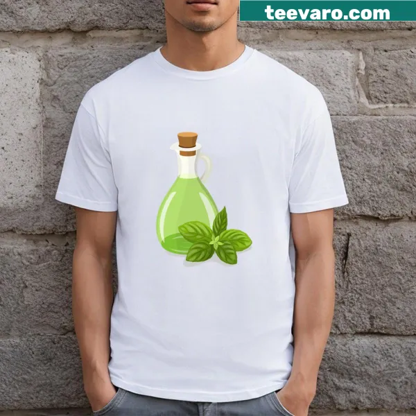 Illustration of a glass bottle filled with basil oil