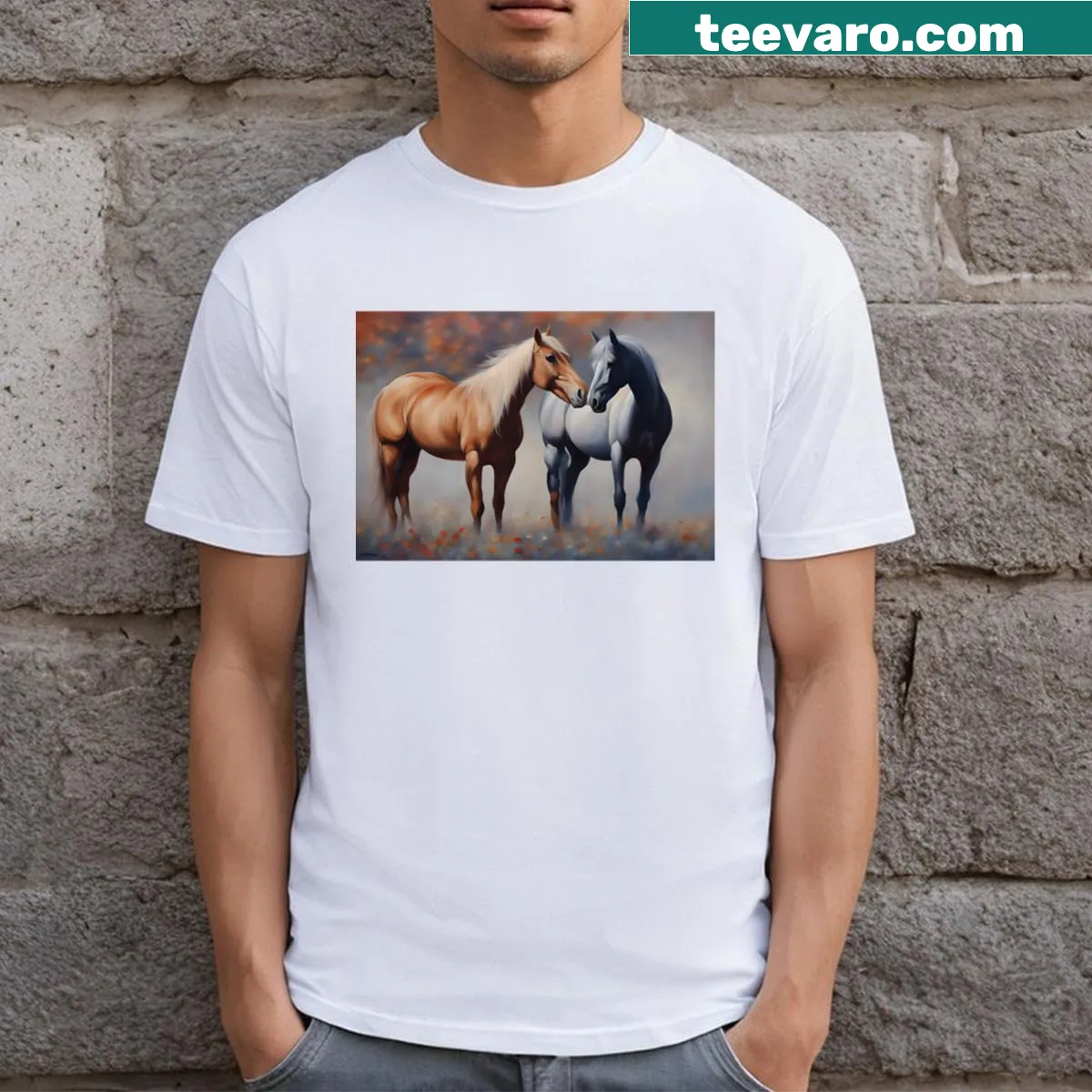 Artistic painting of horses on a T-shirt — on a men's t-shirt
