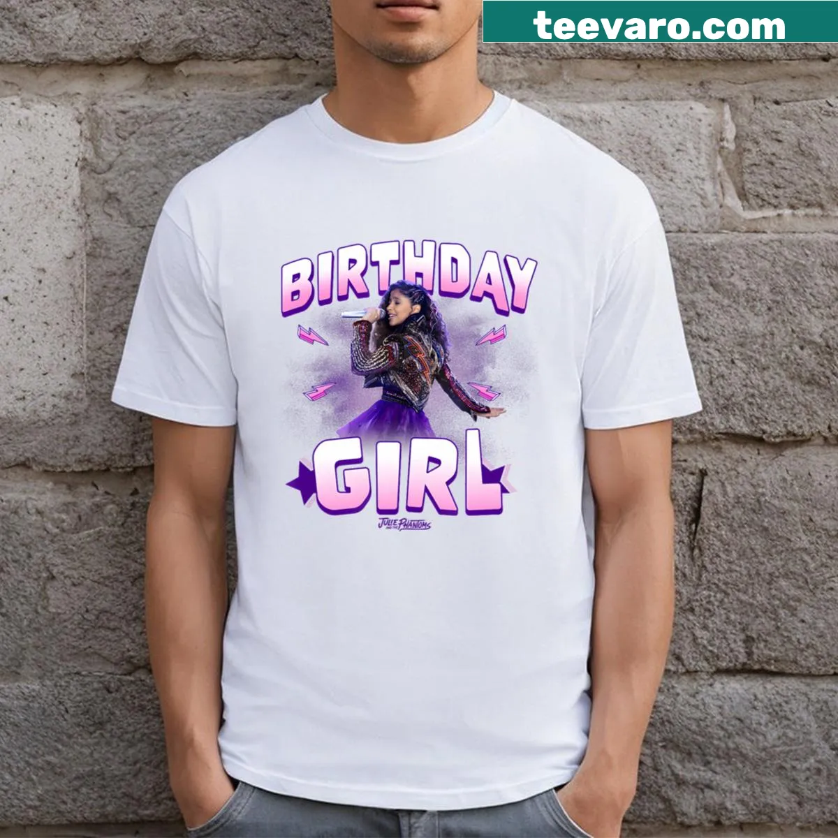 Cute illustration of a birthday girl singing on a T-shirt — on a men's t-shirt