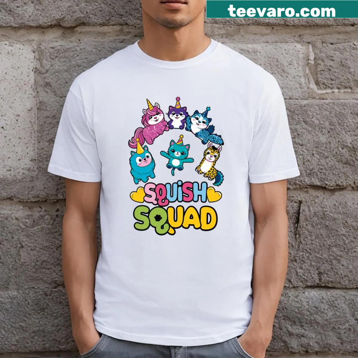 Cartoon design for a birthday squad of squish fans — on a men's t-shirt