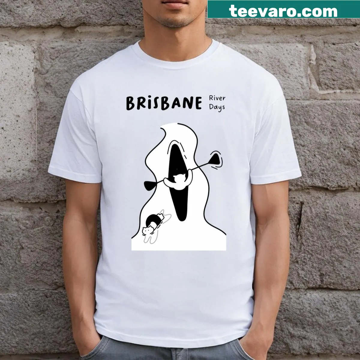 Illustration of a cat kayaking with another cat swimming on a T-shirt — on a men's t-shirt