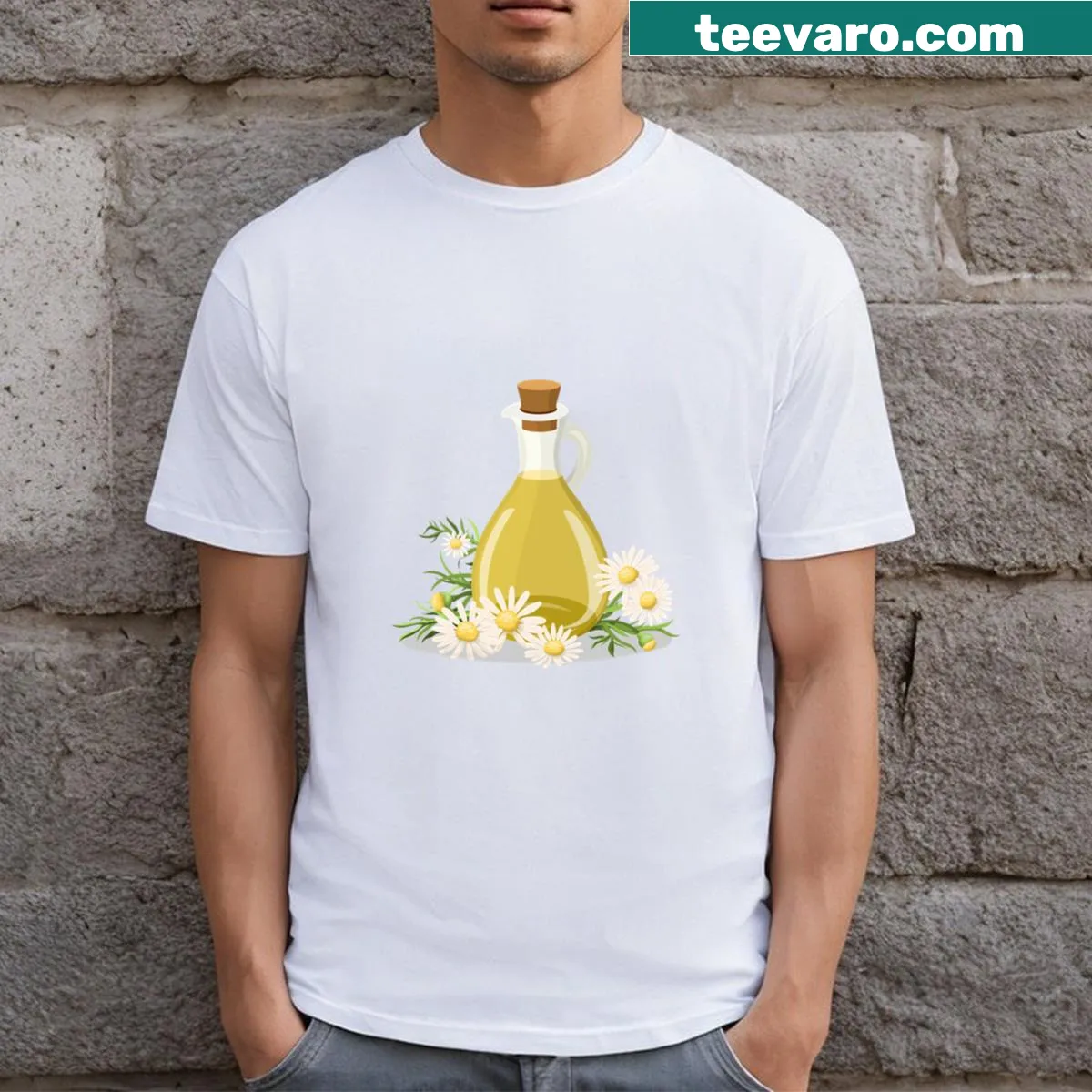 Illustration of a glass bottle with chamomile oil on a T-shirt. — on a men's t-shirt