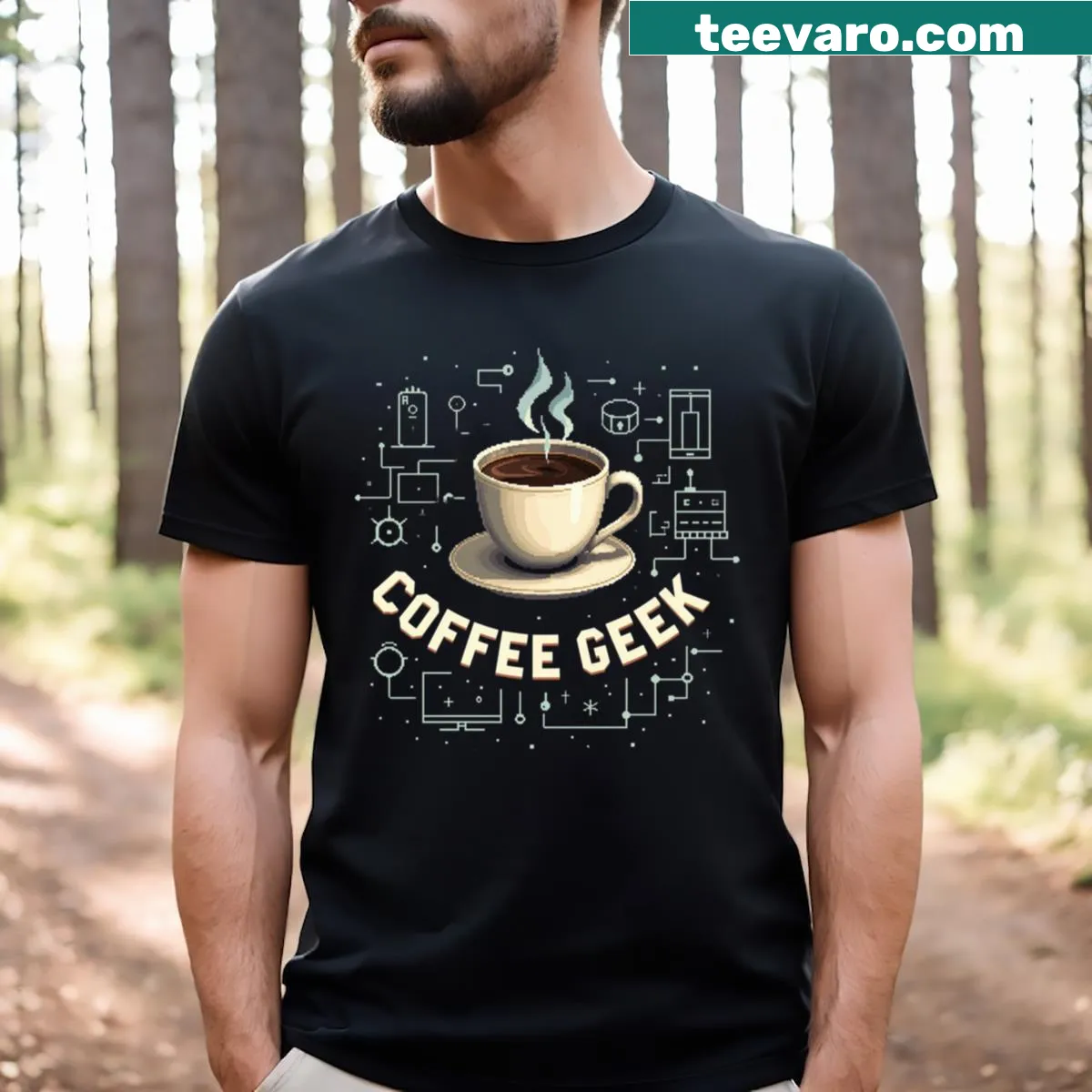 Pixel art coffee cup design with steam and humorous text — on a men's t-shirt