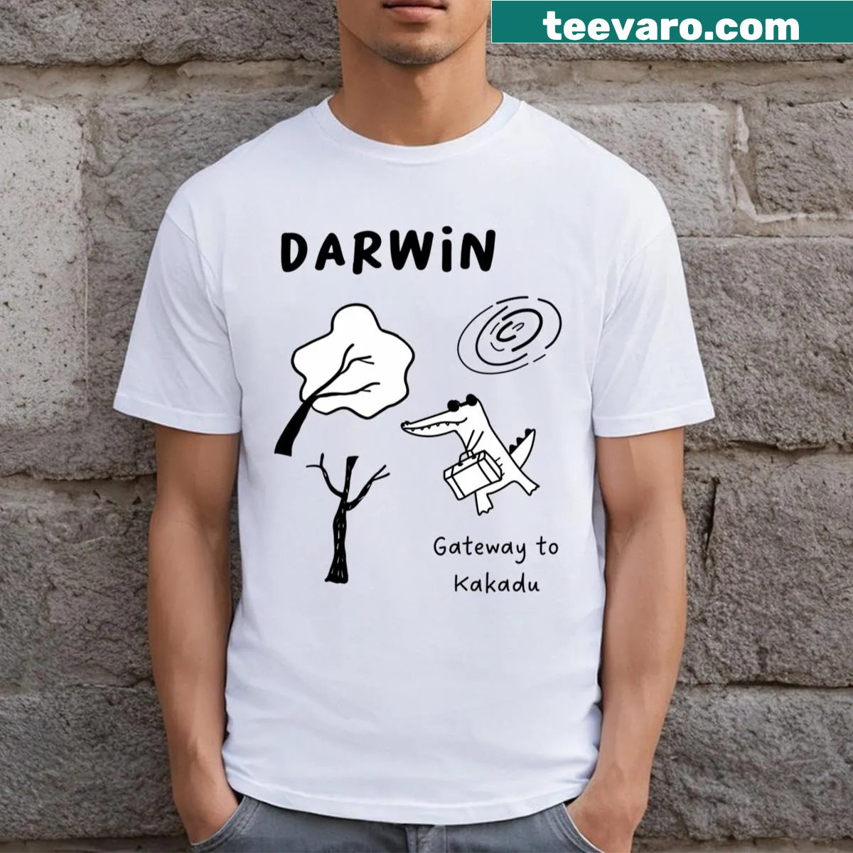 Illustrated T-shirt featuring a crocodile with a briefcase — on a men's t-shirt