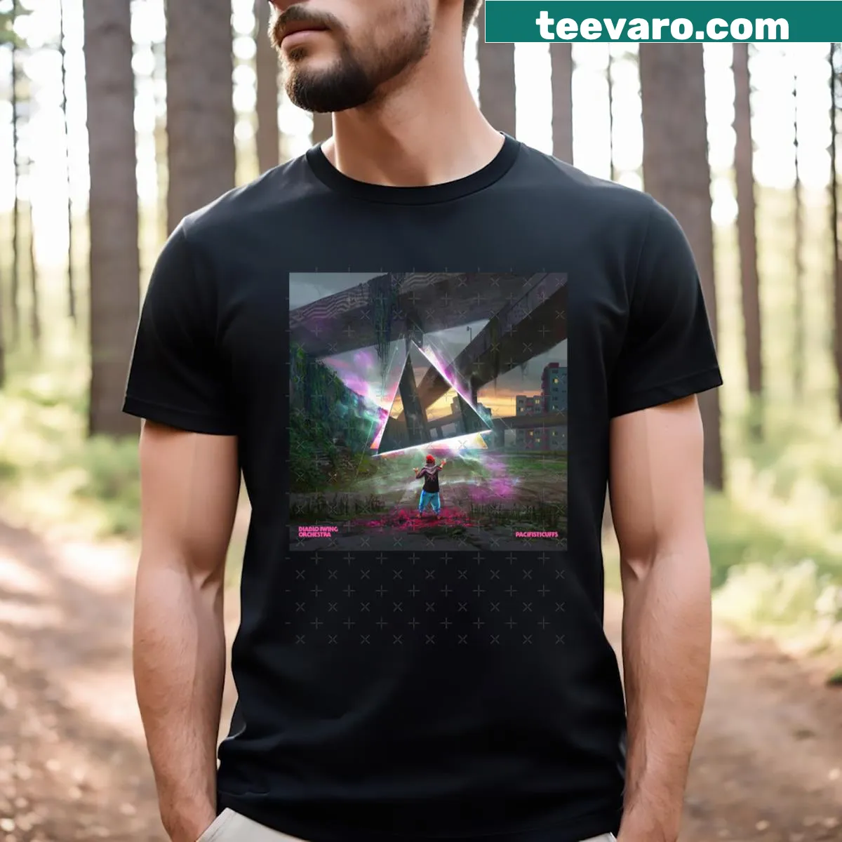 T-shirt featuring Diablo Swing Orchestra Pacifisticuffs album design. — on a men's t-shirt