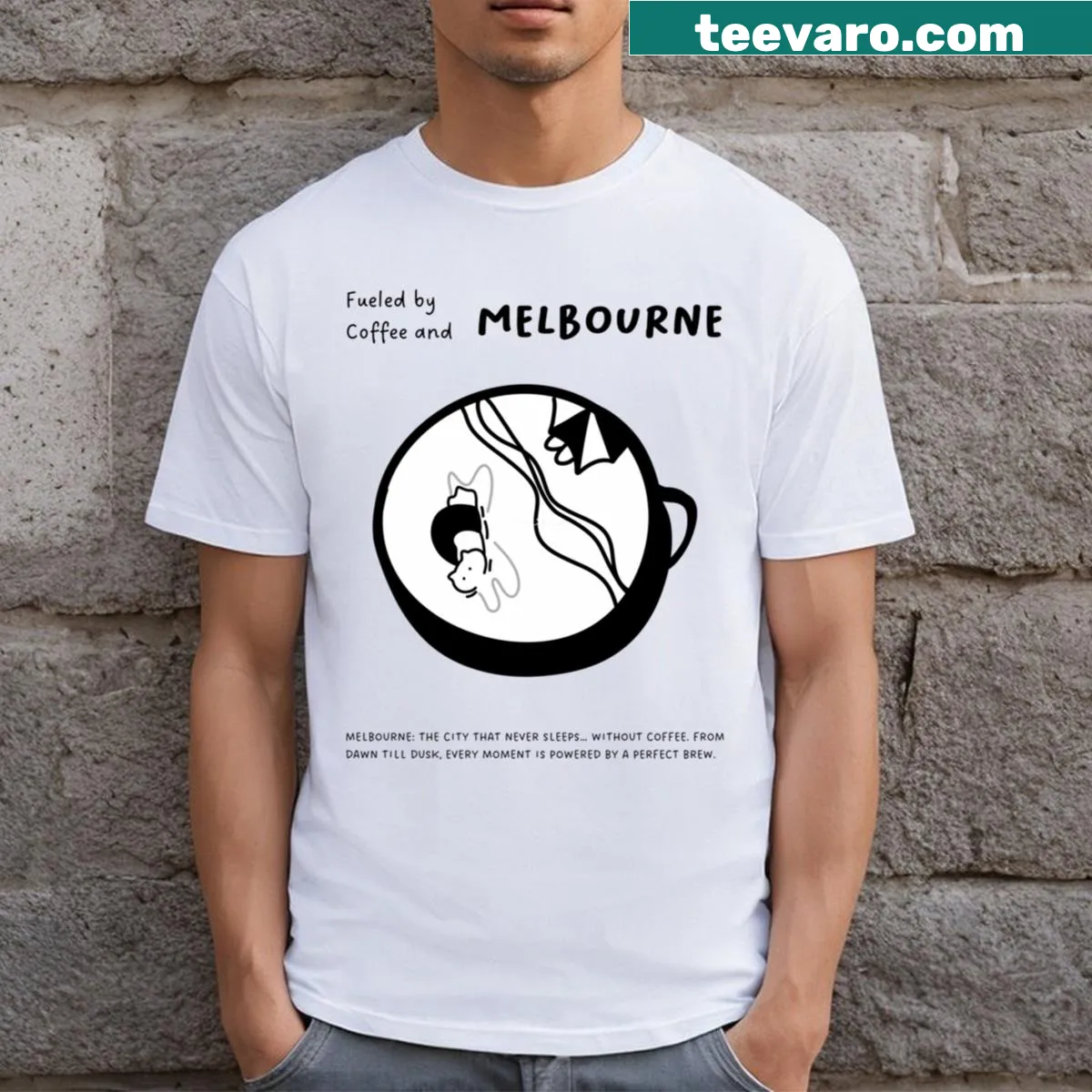 Illustration of a cat swimming in a coffee mug on T-shirt — on a men's t-shirt