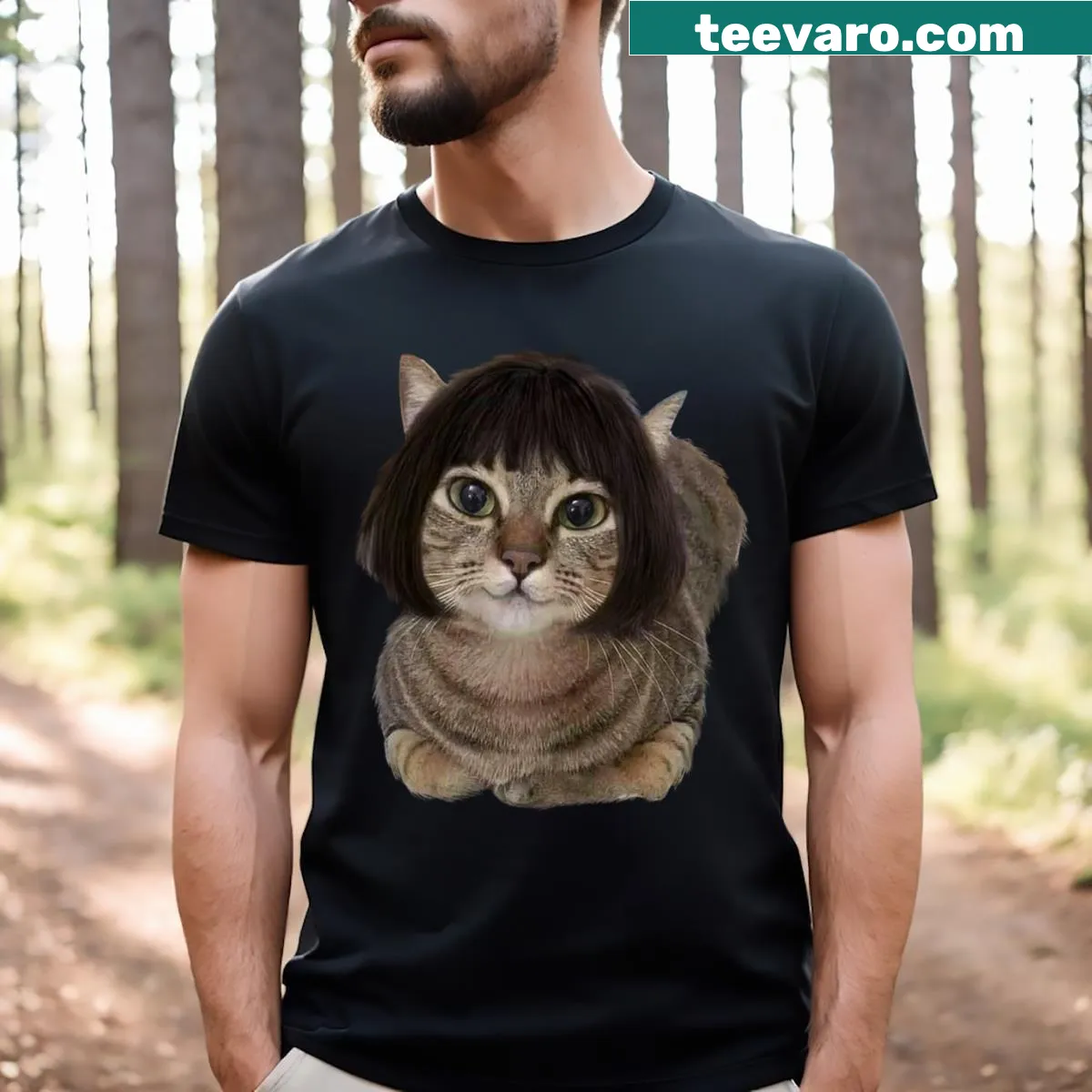 Humorous t-shirt featuring a cat in a wig design — on a men's t-shirt