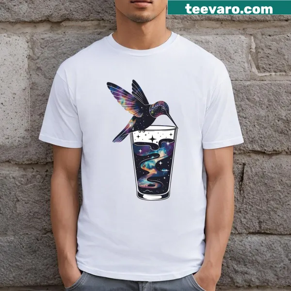 Illustration of a hummingbird and a cosmic drink on a t-shirt