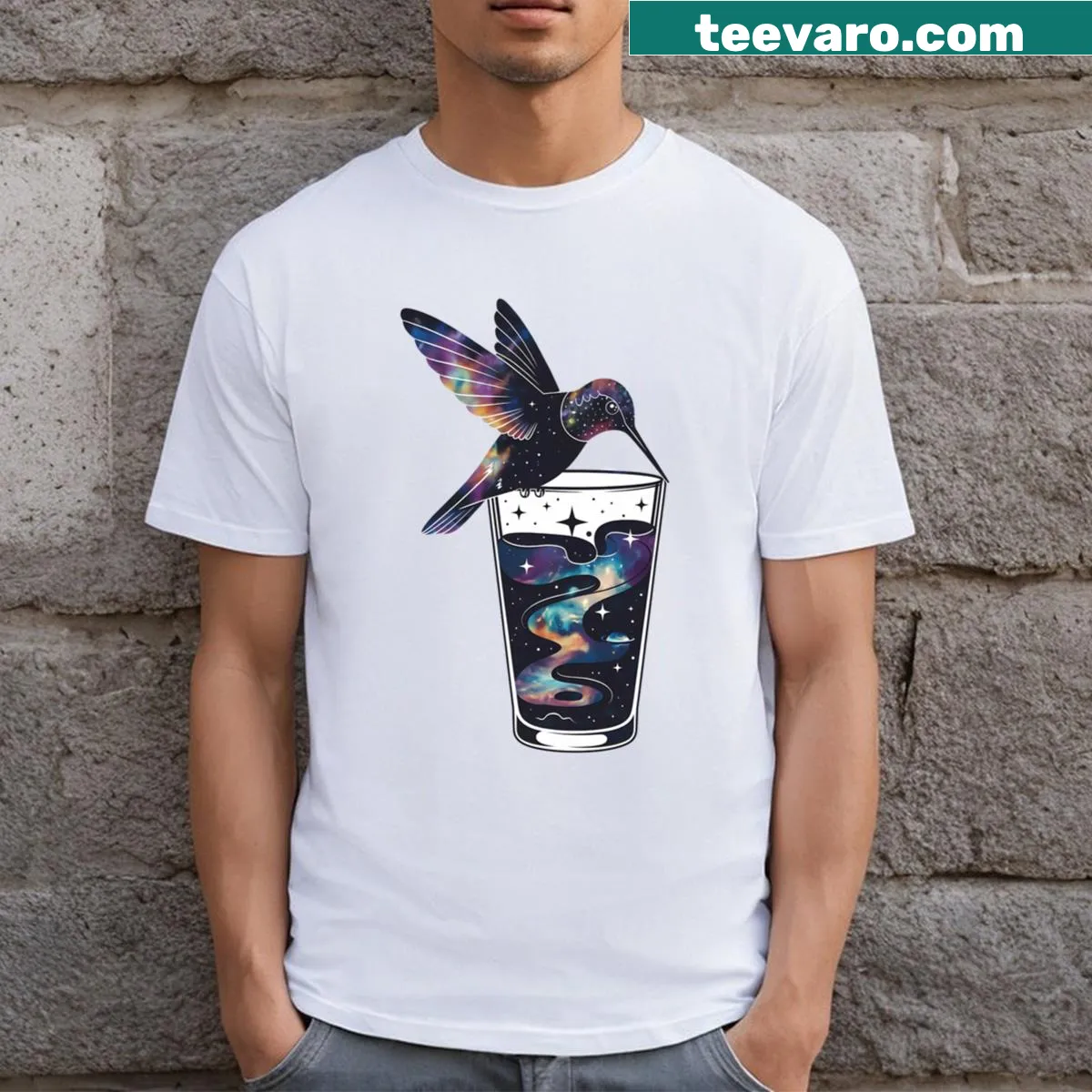 Illustration of a hummingbird and a cosmic drink on a t-shirt — on a men's t-shirt