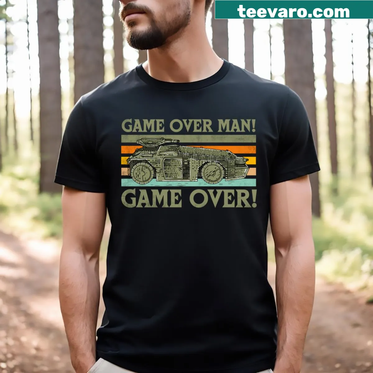 Illustration of aliens with 'Game Over Man' text — on a men's t-shirt