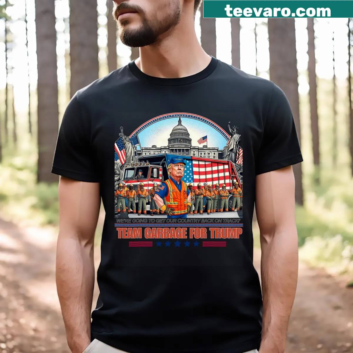 Funny T-shirt design featuring a garbage truck and political message — on a men's t-shirt