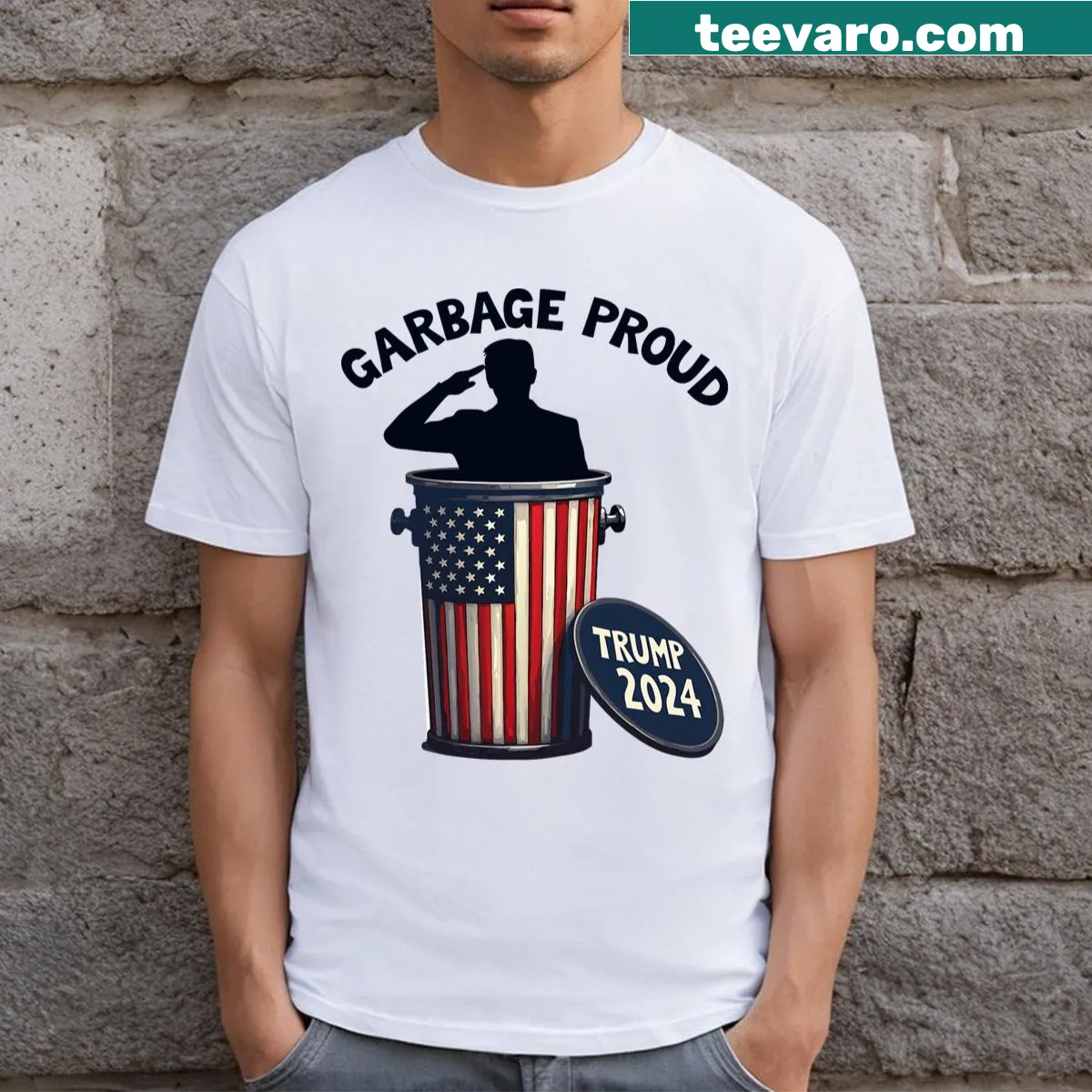 T-shirt with humorous 'Garbage Proud To Be Garbage Vote Trump' message — on a men's t-shirt