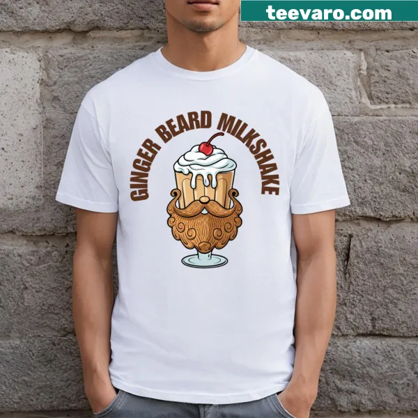 Cartoon graphic of a ginger-bearded man with a milkshake on a t-shirt
