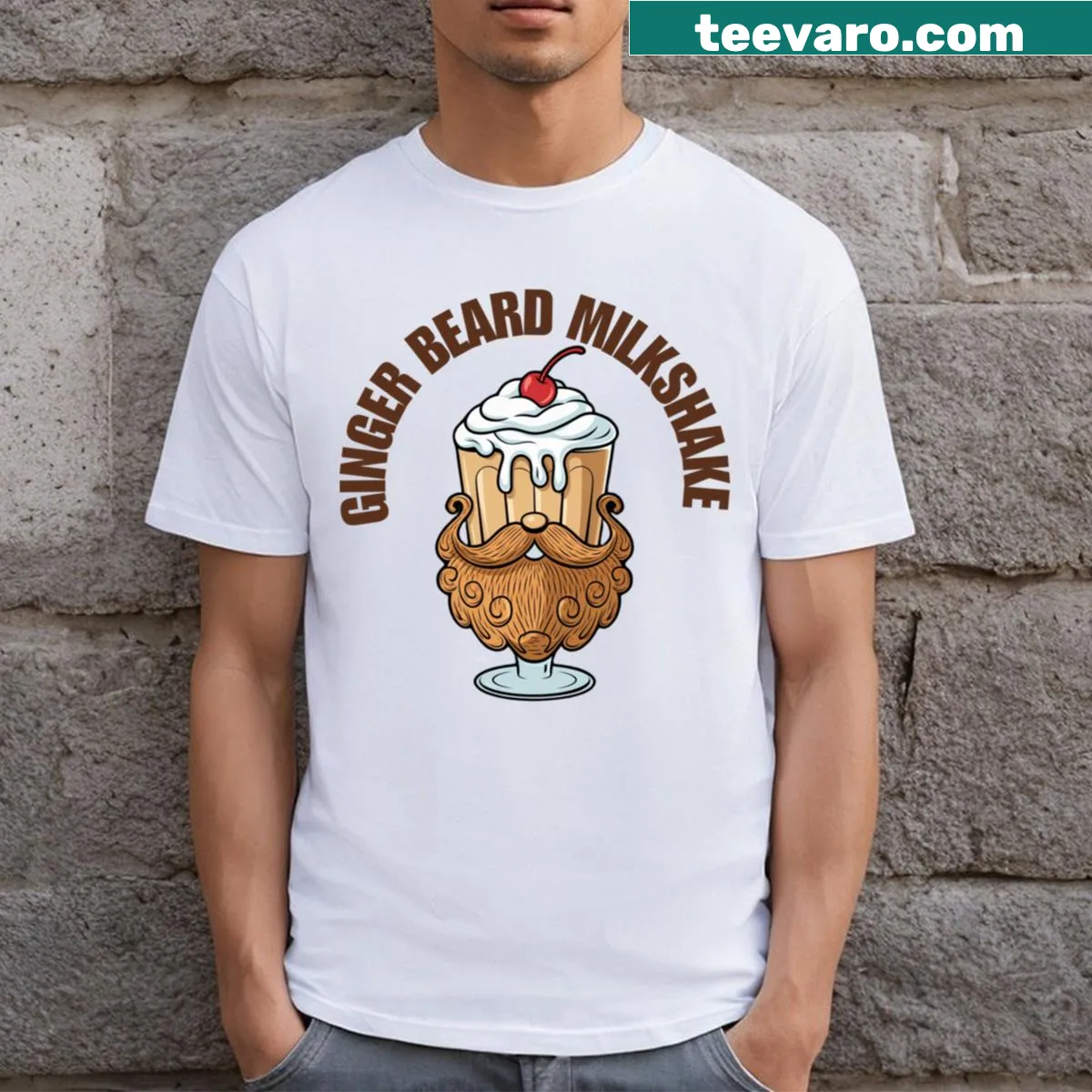 Cartoon graphic of a ginger-bearded man with a milkshake on a t-shirt — on a men's t-shirt
