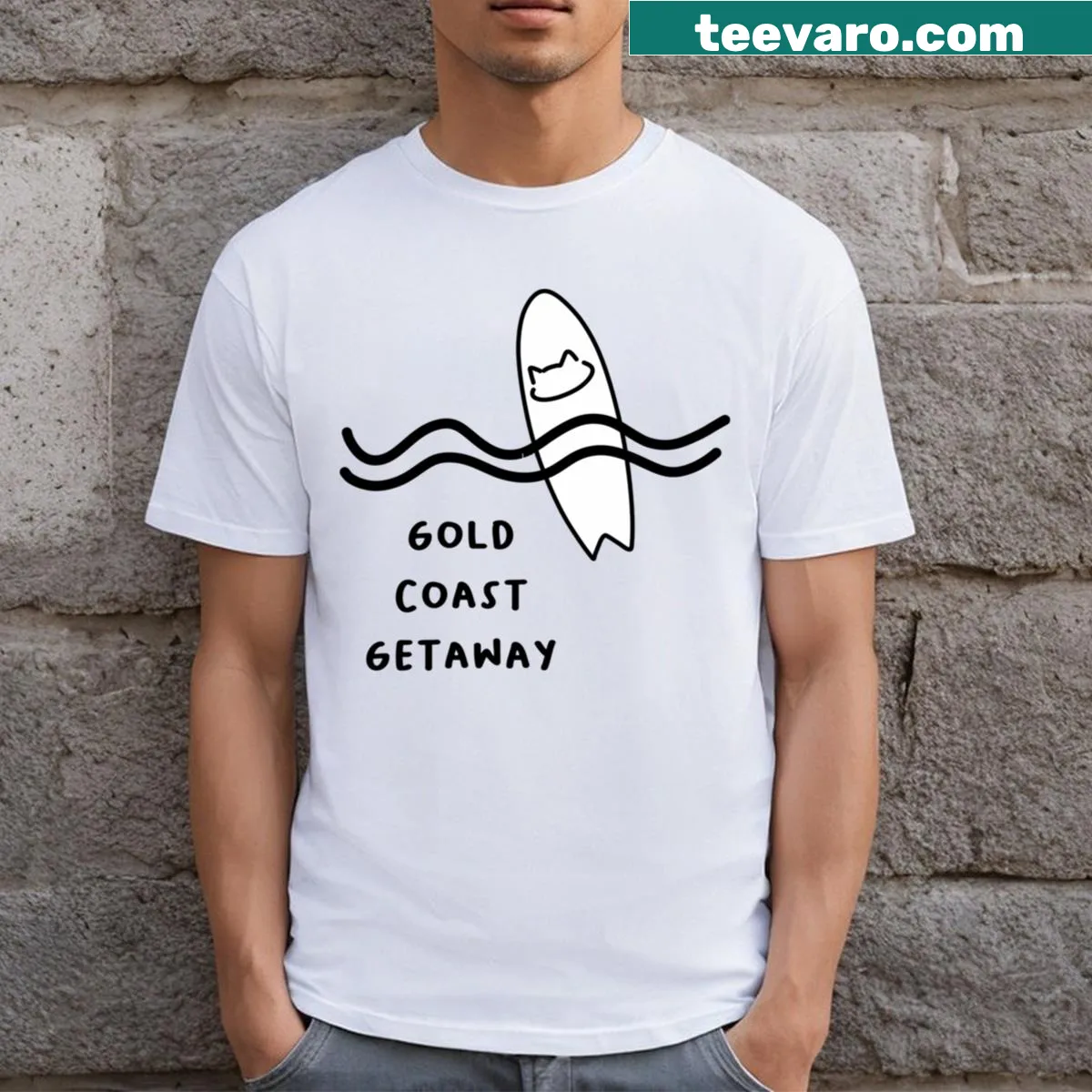 Illustrated T-shirt featuring a surfboard and ocean waves — on a men's t-shirt