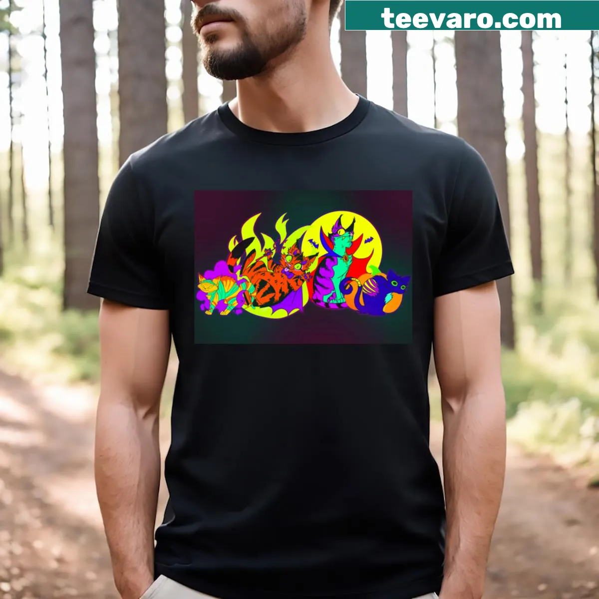 Cartoon Halloween kitties in costumes on a t-shirt — on a men's t-shirt