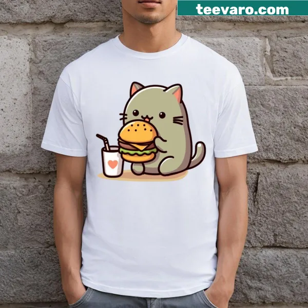 Cartoon cat lounging next to a giant hamburger on T-shirt