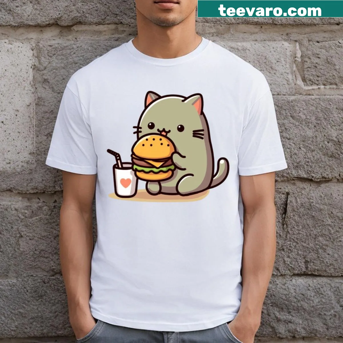 Cartoon cat lounging next to a giant hamburger on T-shirt — on a men's t-shirt