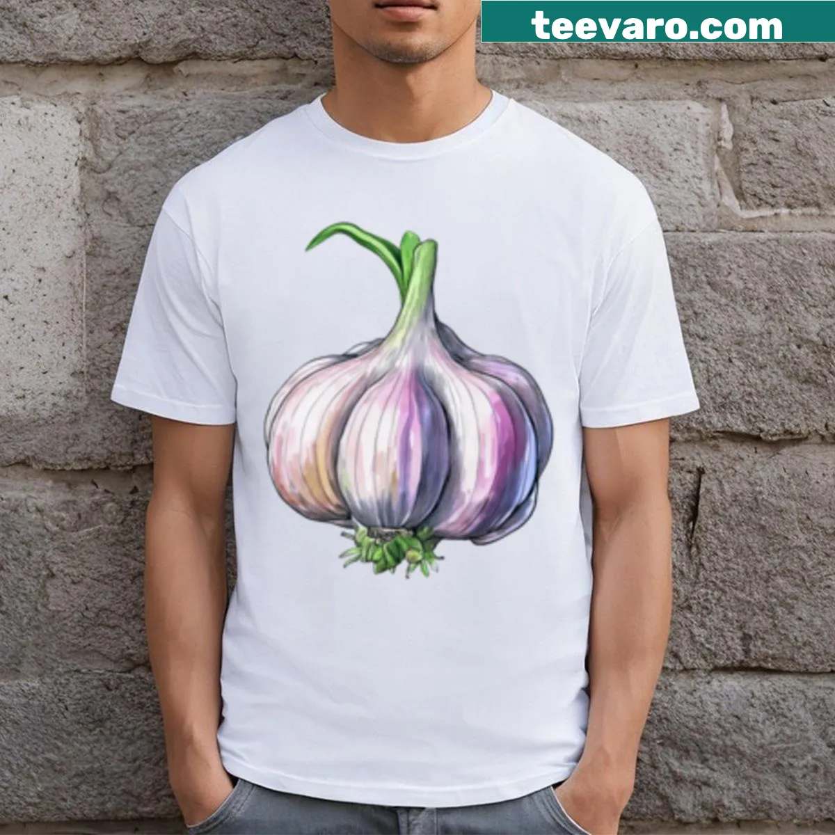 Kawaii-style T-shirt with hand-drawn garlic illustration — on a men's t-shirt