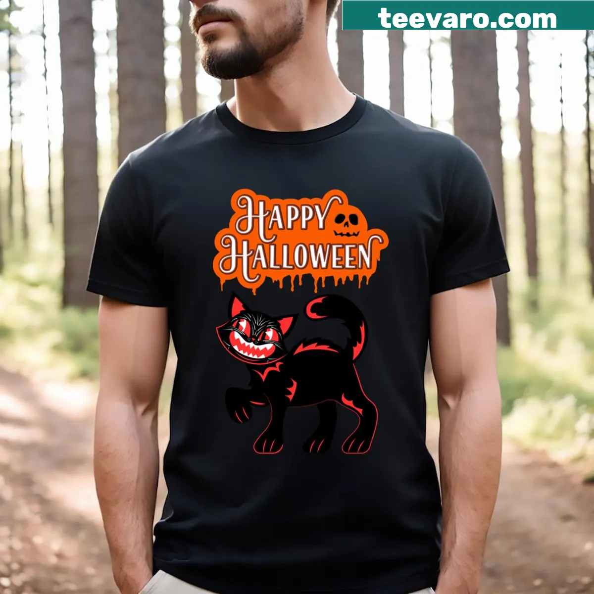 Cute Halloween T-shirt featuring a cat in a witch hat — on a men's t-shirt