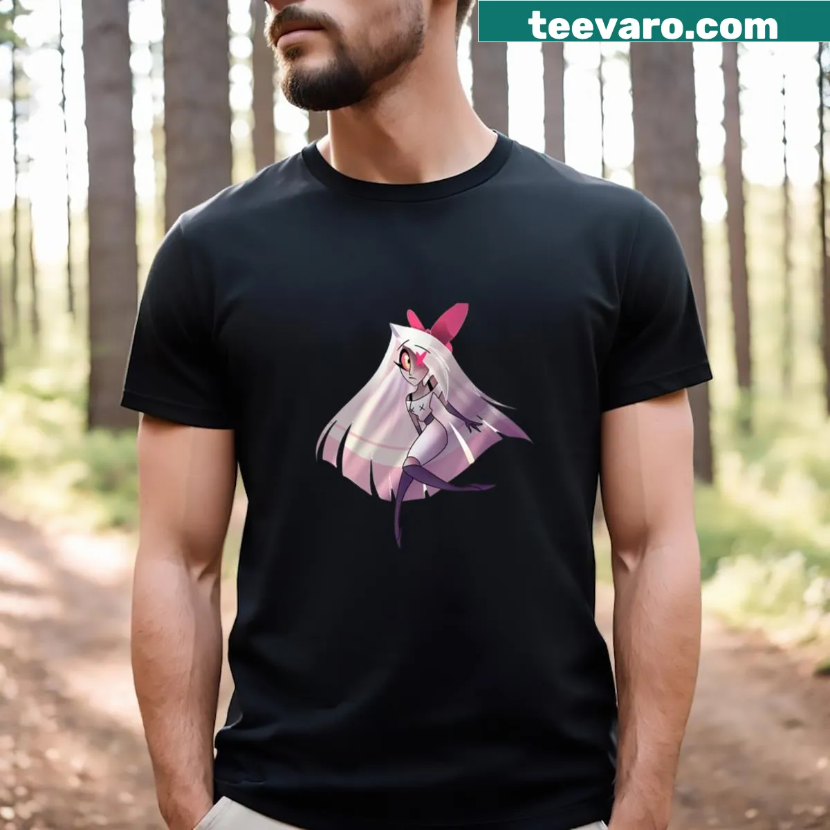 Illustration of Vaggie from Hazbin Hotel on a t-shirt — on a men's t-shirt
