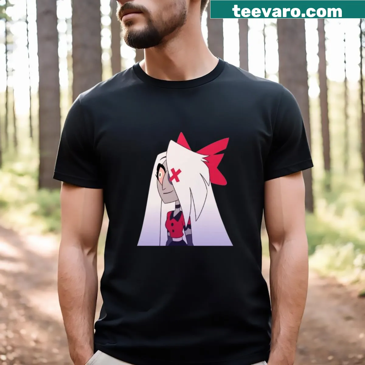 Illustration of Vaggie from Hazbin Hotel on a T-shirt — on a men's t-shirt