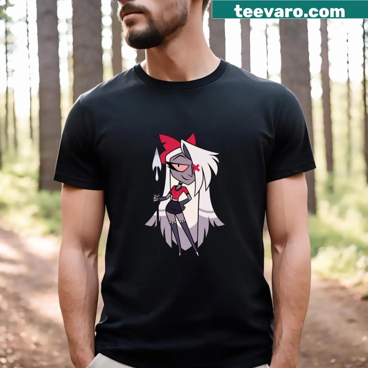 Illustration of Vaggie from Hazbin Hotel on a T-shirt — on a men's t-shirt