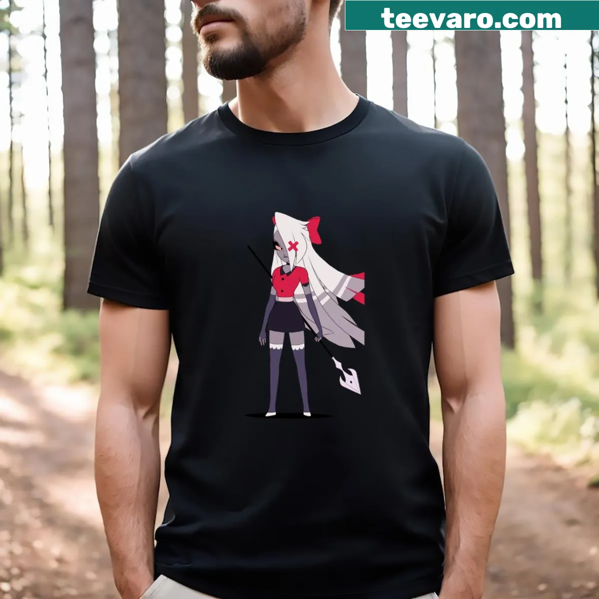 T-shirt featuring Vaggie from Hazbin Hotel with playful graphic — on a men's t-shirt