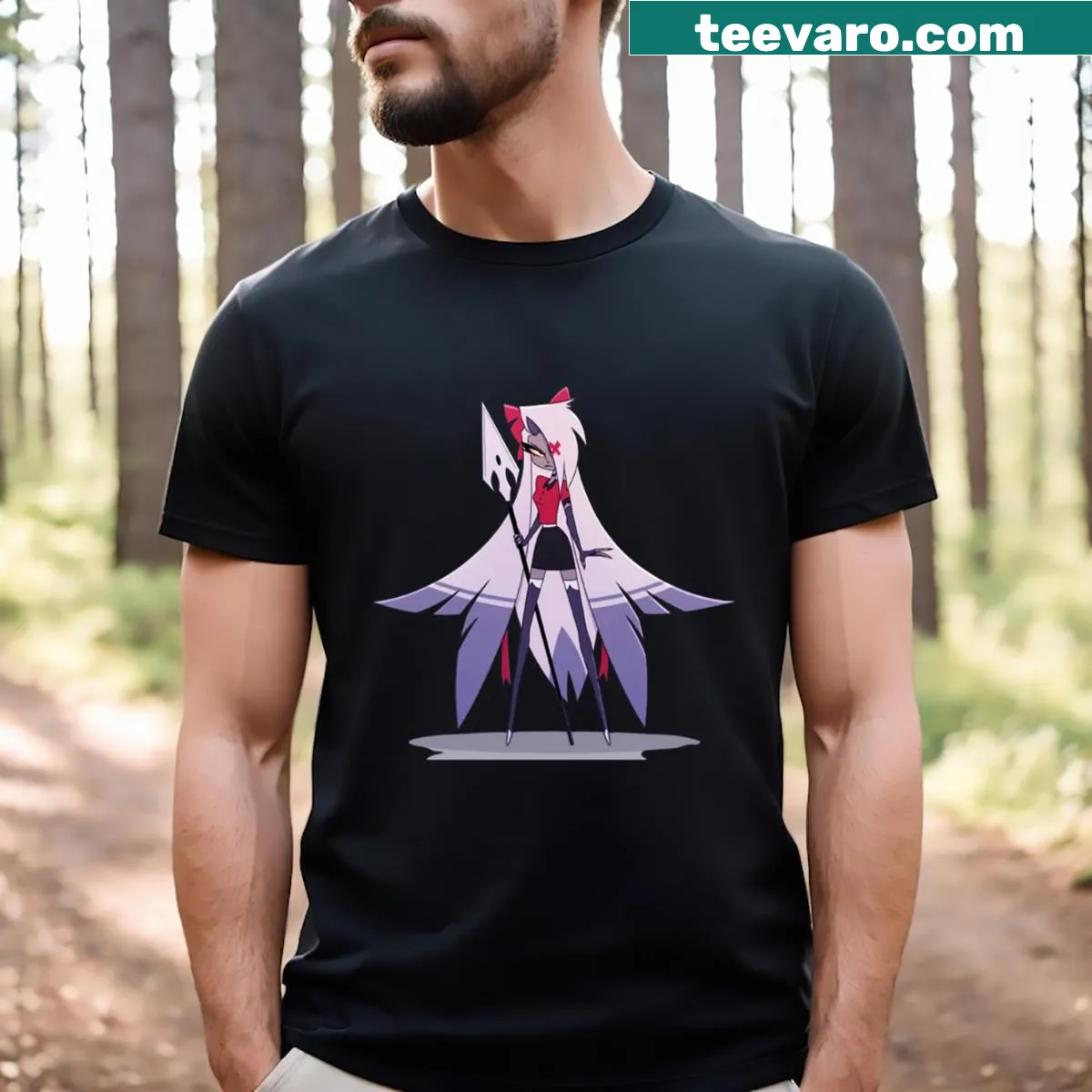 Illustration of Vaggie from Hazbin Hotel on a t-shirt — on a men's t-shirt