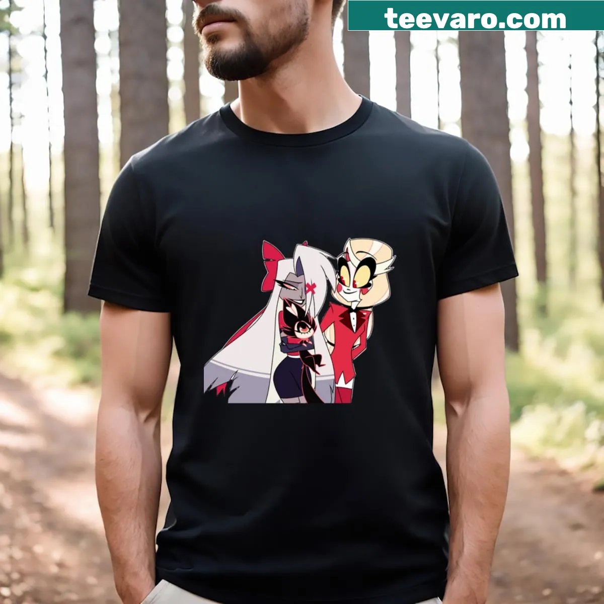 Graphic of Vaggie and Charlie from Hazbin Hotel on a T-shirt — on a men's t-shirt
