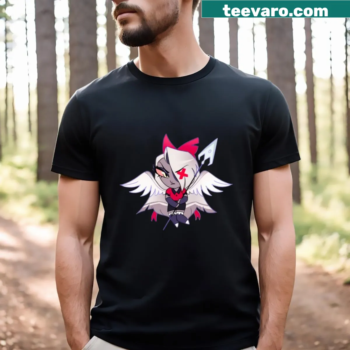 Illustration of Vaggie from Hazbin Hotel on a t-shirt — on a men's t-shirt