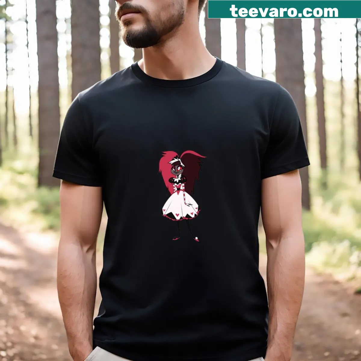 Velvette from Hazbin Hotel illustrated on a t-shirt — on a men's t-shirt